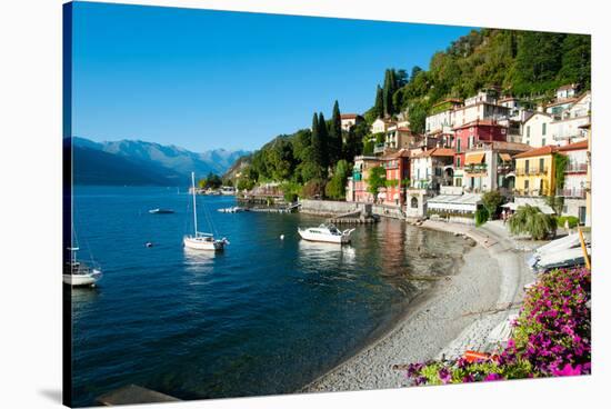 Houses at Waterfront with Boats on Lake Como, Varenna, Lombardy, Italy-null-Stretched Canvas