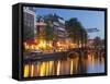 Houses in the Kloveniersburgwal, Lights, Reflexion, in the Evening, Amsterdam, the Netherlands-Rainer Mirau-Framed Stretched Canvas