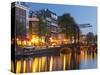 Houses in the Kloveniersburgwal, Lights, Reflexion, in the Evening, Amsterdam, the Netherlands-Rainer Mirau-Stretched Canvas