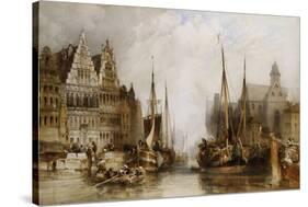 Houses of the Franc Bateliers and Church of St. Nicholas on the Canal at Ghent-William Callow-Stretched Canvas