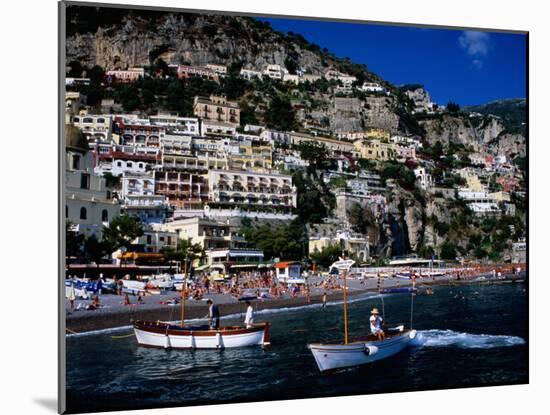 Houses Terraced into Rugged Amalfi Coastline, Boats in Foreground, Positano, Italy-Dallas Stribley-Mounted Premium Photographic Print