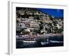 Houses Terraced into Rugged Amalfi Coastline, Boats in Foreground, Positano, Italy-Dallas Stribley-Framed Photographic Print