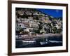 Houses Terraced into Rugged Amalfi Coastline, Boats in Foreground, Positano, Italy-Dallas Stribley-Framed Photographic Print