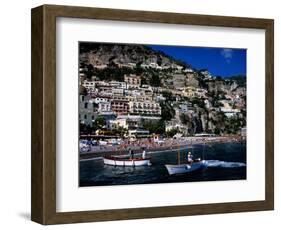 Houses Terraced into Rugged Amalfi Coastline, Boats in Foreground, Positano, Italy-Dallas Stribley-Framed Photographic Print