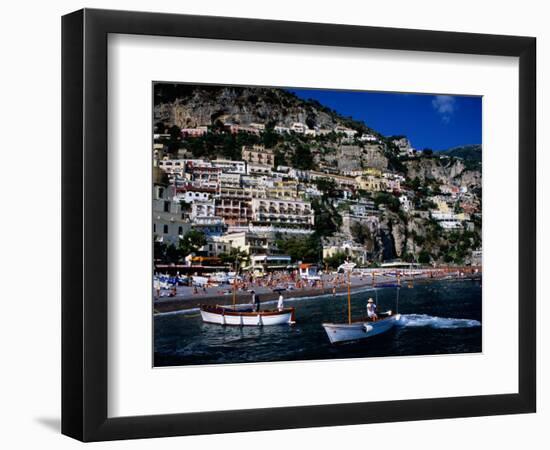 Houses Terraced into Rugged Amalfi Coastline, Boats in Foreground, Positano, Italy-Dallas Stribley-Framed Photographic Print