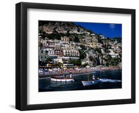 Houses Terraced into Rugged Amalfi Coastline, Boats in Foreground, Positano, Italy-Dallas Stribley-Framed Photographic Print