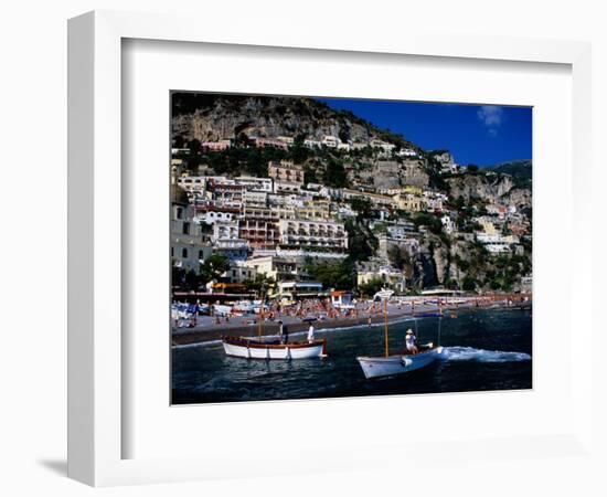 Houses Terraced into Rugged Amalfi Coastline, Boats in Foreground, Positano, Italy-Dallas Stribley-Framed Photographic Print