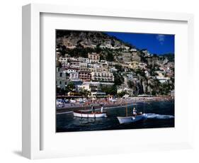 Houses Terraced into Rugged Amalfi Coastline, Boats in Foreground, Positano, Italy-Dallas Stribley-Framed Photographic Print