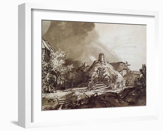 Houses Under a Stormy Sky, Pen and Brown Ink Drawing-Rembrandt van Rijn-Framed Giclee Print