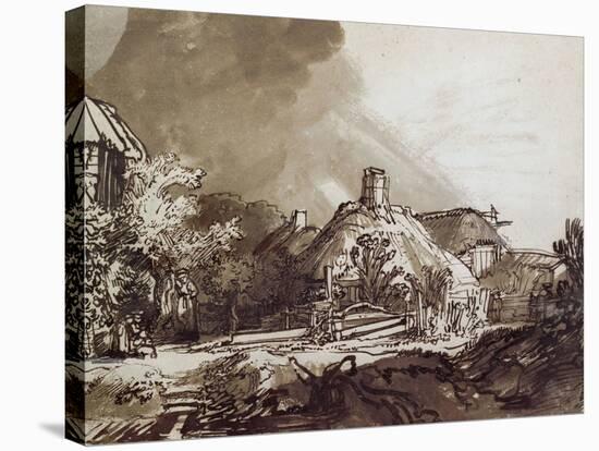 Houses Under a Stormy Sky, Pen and Brown Ink Drawing-Rembrandt van Rijn-Stretched Canvas