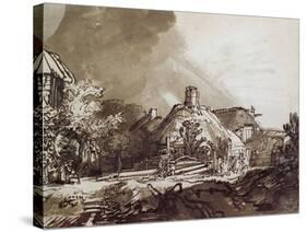 Houses Under a Stormy Sky, Pen and Brown Ink Drawing-Rembrandt van Rijn-Stretched Canvas