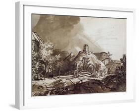 Houses Under a Stormy Sky, Pen and Brown Ink Drawing-Rembrandt van Rijn-Framed Giclee Print