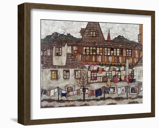 Houses with Clothes Drying, 1917-Egon Schiele-Framed Giclee Print