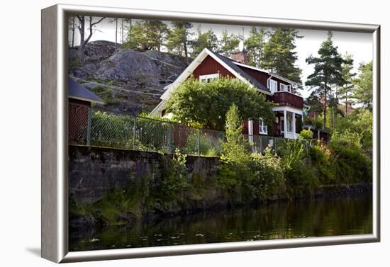 Houses with Lennartsfors in the Dalsland Canal, on Lelång Lake, Dalsland, Värmlands län, Sweden-Andrea Lang-Framed Photographic Print