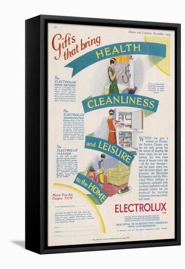 Housewife Demonstrates Some Electrolux Products: a Fridge a Water Softener and a Vacuum Cleaner-null-Framed Stretched Canvas