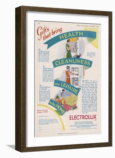 Housewife Demonstrates Some Electrolux Products: a Fridge a Water Softener and a Vacuum Cleaner-null-Framed Art Print