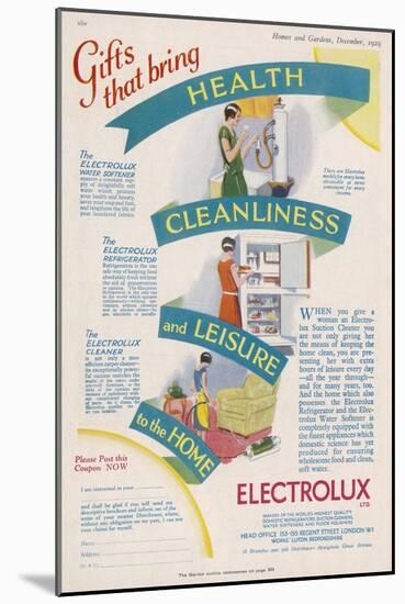 Housewife Demonstrates Some Electrolux Products: a Fridge a Water Softener and a Vacuum Cleaner-null-Mounted Art Print