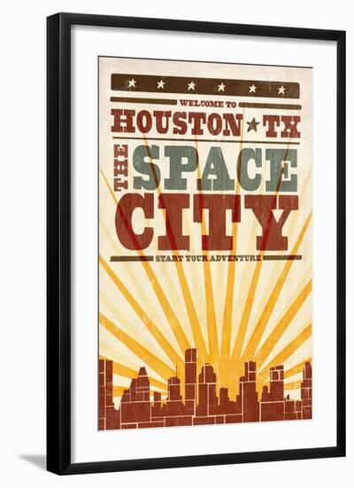 Houston, Texas - Skyline and Sunburst Screenprint Style-Lantern Press-Framed Art Print