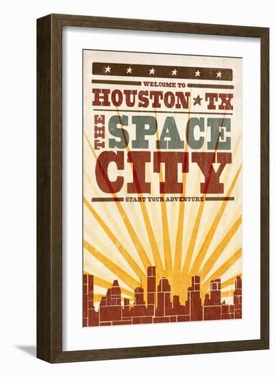 Houston, Texas - Skyline and Sunburst Screenprint Style-Lantern Press-Framed Art Print