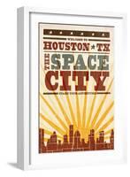 Houston, Texas - Skyline and Sunburst Screenprint Style-Lantern Press-Framed Art Print