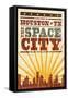 Houston, Texas - Skyline and Sunburst Screenprint Style-Lantern Press-Framed Stretched Canvas
