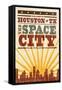 Houston, Texas - Skyline and Sunburst Screenprint Style-Lantern Press-Framed Stretched Canvas