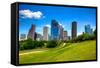 Houston Texas Skyline with Modern Skyscrapers and Blue Sky View from Park Lawn-holbox-Framed Stretched Canvas