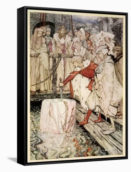 How Galahad Drew Out the Sword from the Floating Stone at Camelot-Arthur Rackham-Framed Stretched Canvas