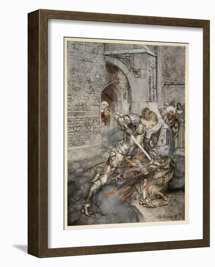 How Sir Lancelot Faught with a Friendly Dragon-Arthur Rackham-Framed Giclee Print