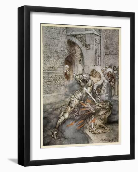 How Sir Lancelot Faught with a Friendly Dragon-Arthur Rackham-Framed Giclee Print