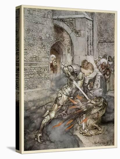 How Sir Lancelot Faught with a Friendly Dragon-Arthur Rackham-Stretched Canvas