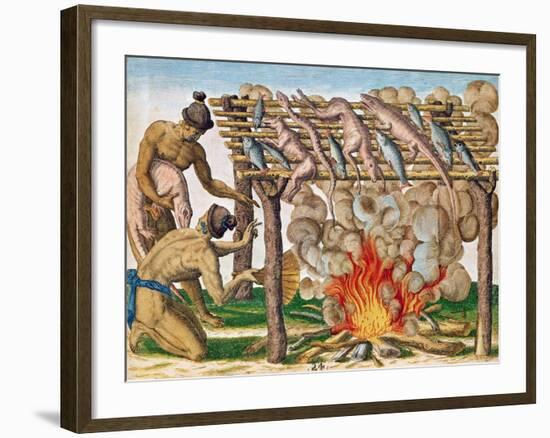 How to Grill Animals, from "Brevis Narratio...", Published by Theodore de Bry, 1591-Theodor de Bry-Framed Giclee Print