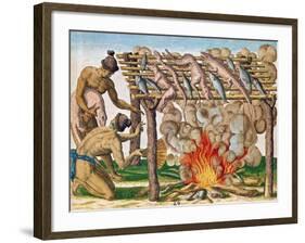 How to Grill Animals, from "Brevis Narratio...", Published by Theodore de Bry, 1591-Theodor de Bry-Framed Giclee Print