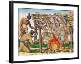 How to Grill Animals, from "Brevis Narratio...", Published by Theodore de Bry, 1591-Theodor de Bry-Framed Giclee Print