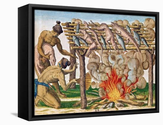 How to Grill Animals, from "Brevis Narratio...", Published by Theodore de Bry, 1591-Theodor de Bry-Framed Stretched Canvas