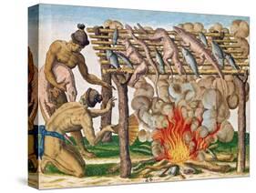 How to Grill Animals, from "Brevis Narratio...", Published by Theodore de Bry, 1591-Theodor de Bry-Stretched Canvas