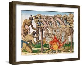 How to Grill Animals, from "Brevis Narratio...", Published by Theodore de Bry, 1591-Theodor de Bry-Framed Giclee Print