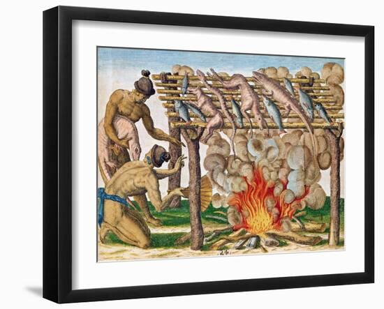 How to Grill Animals, from "Brevis Narratio...", Published by Theodore de Bry, 1591-Theodor de Bry-Framed Giclee Print