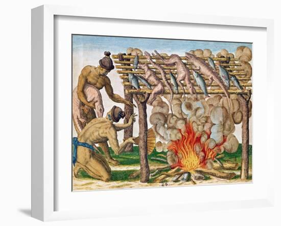 How to Grill Animals, from "Brevis Narratio...", Published by Theodore de Bry, 1591-Theodor de Bry-Framed Giclee Print