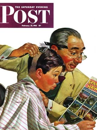 "Comical Haircut," Saturday Evening Post Cover, February 27, 1943