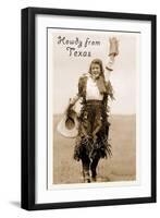 Howdy from Texas, Waving Cowgirl-null-Framed Art Print