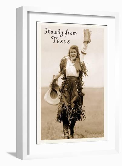 Howdy from Texas, Waving Cowgirl-null-Framed Art Print