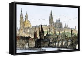 Hradschin Palace, Kleinseite, and Bridge over the Vltava River in Prague, Czechoslovakia, 1800s-null-Framed Stretched Canvas