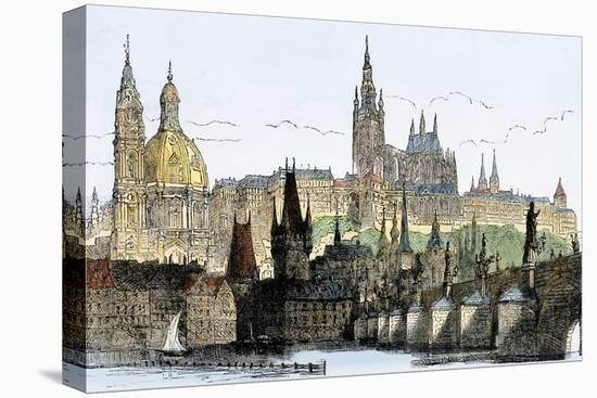 Hradschin Palace, Kleinseite, and Bridge over the Vltava River in Prague, Czechoslovakia, 1800s-null-Stretched Canvas