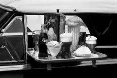 1990s FOOD TRAY WITH SODA FOUNTAIN ITEMS ON CAR WINDOW AT 1950s STYLE DRIVE-IN RESTAURANT-Hub Willson-Framed Photographic Print