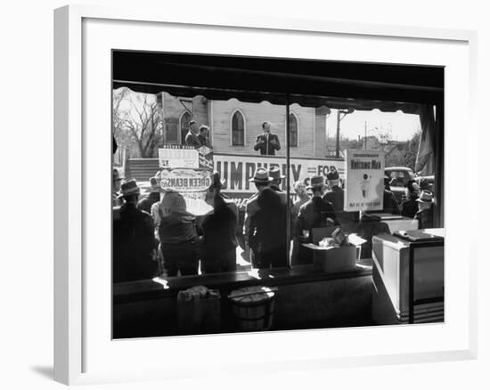 Hubert H. Humphrey Campaigning for Senate Seat Speaking from Sound Truck in Small Town Street-null-Framed Photographic Print