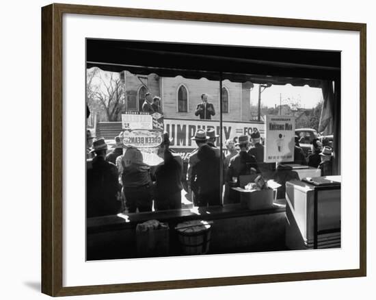 Hubert H. Humphrey Campaigning for Senate Seat Speaking from Sound Truck in Small Town Street-null-Framed Photographic Print