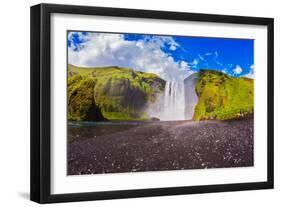 Huge Picturesque Waterfall Flowing from under a Giant Glacier. Horse Tour to the Waterfall Skogafol-kavram-Framed Photographic Print