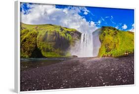 Huge Picturesque Waterfall Flowing from under a Giant Glacier. Horse Tour to the Waterfall Skogafol-kavram-Framed Photographic Print