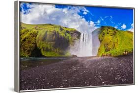 Huge Picturesque Waterfall Flowing from under a Giant Glacier. Horse Tour to the Waterfall Skogafol-kavram-Framed Photographic Print